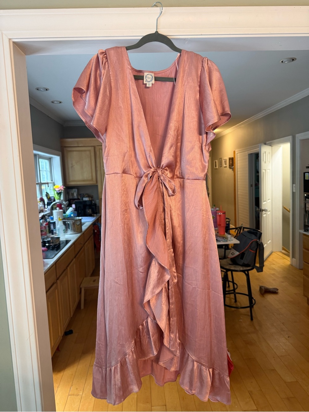 Blue Rain Rose Pink Satin Wrap Midi Dress with Ruffle Trim